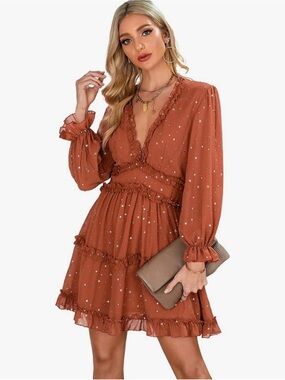 Womens Rust Glitter Stars Sexy V Neck Backless Ruffle Long Sleeve Mini Dress